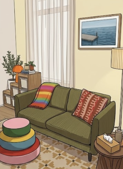 Illustration of the green therapy room — a green corduroy lounge with a striped throw and patterned cushion, a stack of colourful floor cushions, a painting of a jetty, and natural light through sheer curtains