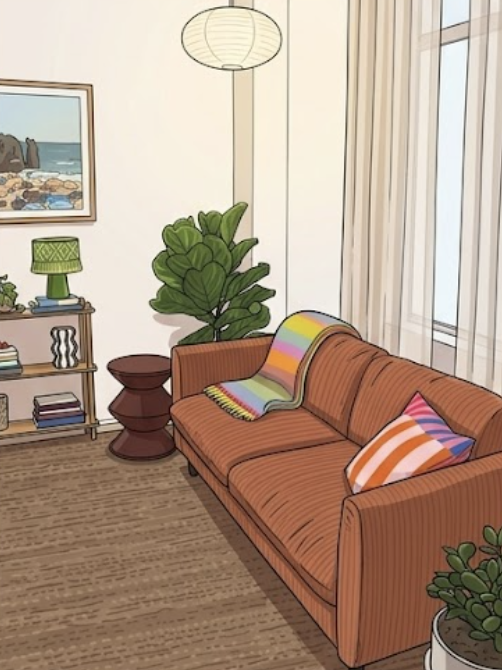 Illustration of the orange therapy room — a warm orange corduroy sofa with a rainbow striped throw and patterned cushion, a fiddle leaf fig plant, a paper lantern light, and a painting of a coastal cliff