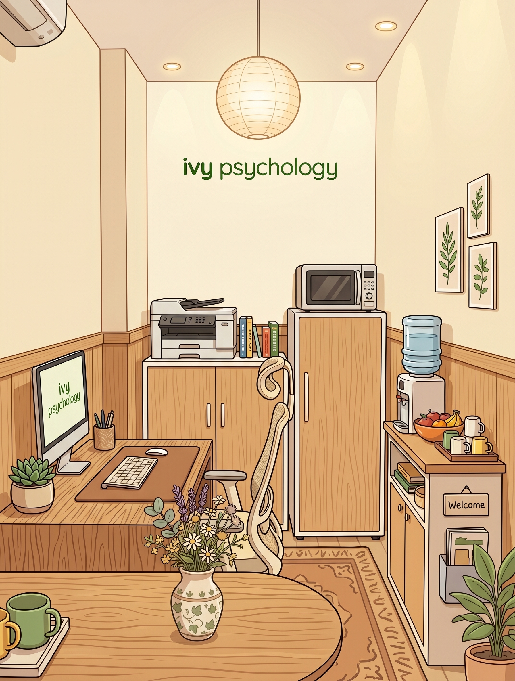 The reception area at Ivy Psychology. There is a desk and chairs to sit on.